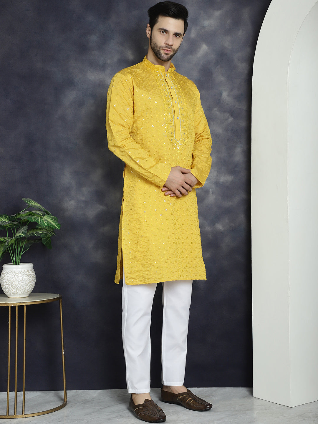Jompers Men's Sequins Embroidered Kurta - Mustard - Distacart