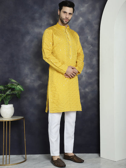 Jompers Men's Sequins Embroidered Kurta - Mustard - Distacart