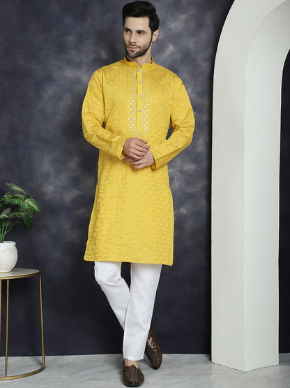 Jompers Men's Sequins Embroidered Kurta - Mustard - Distacart