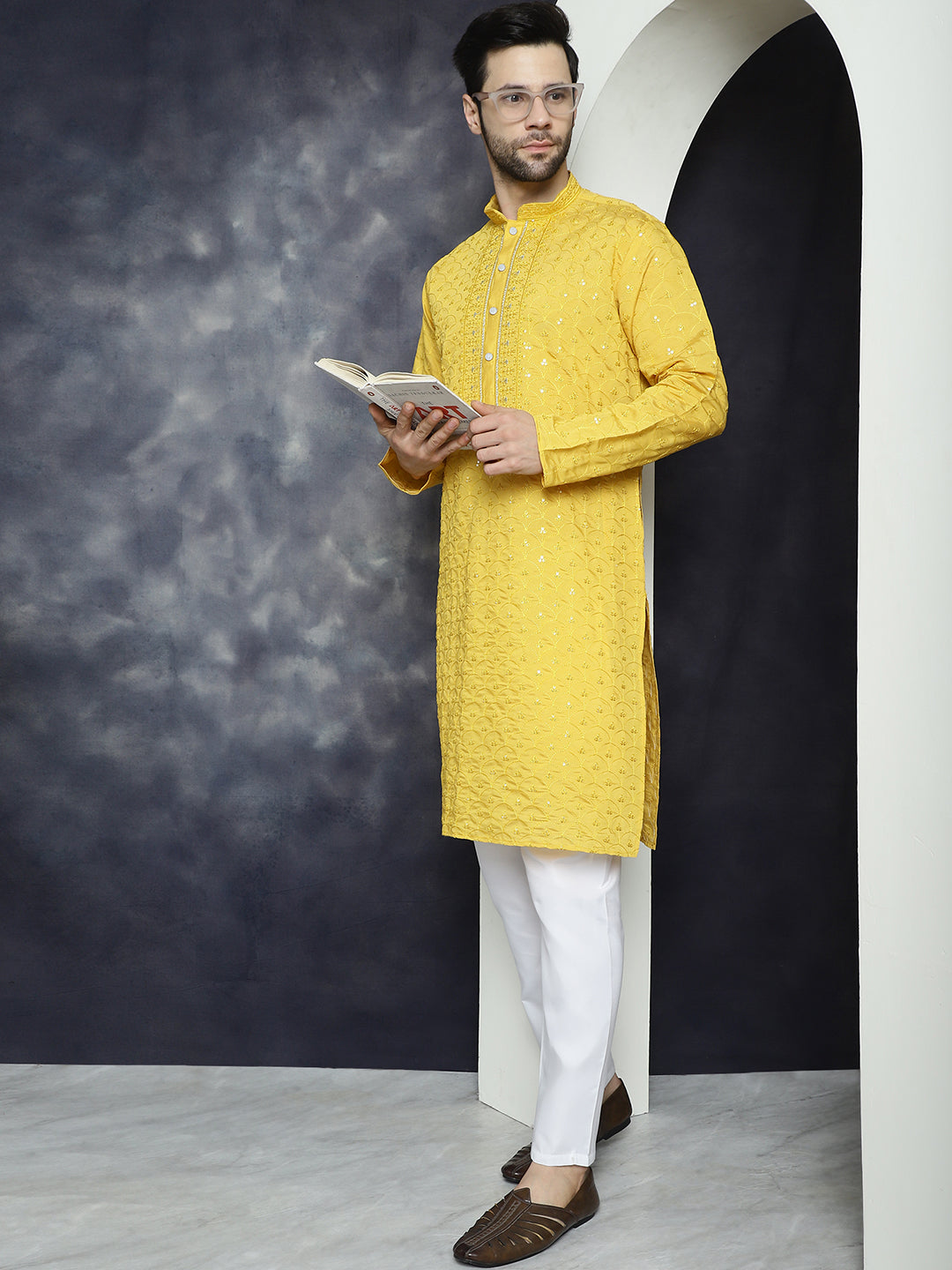 Jompers Men's Sequins Embroidered Kurta - Mustard - Distacart