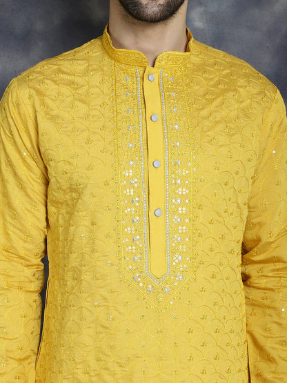 Jompers Men's Sequins Embroidered Kurta - Mustard - Distacart