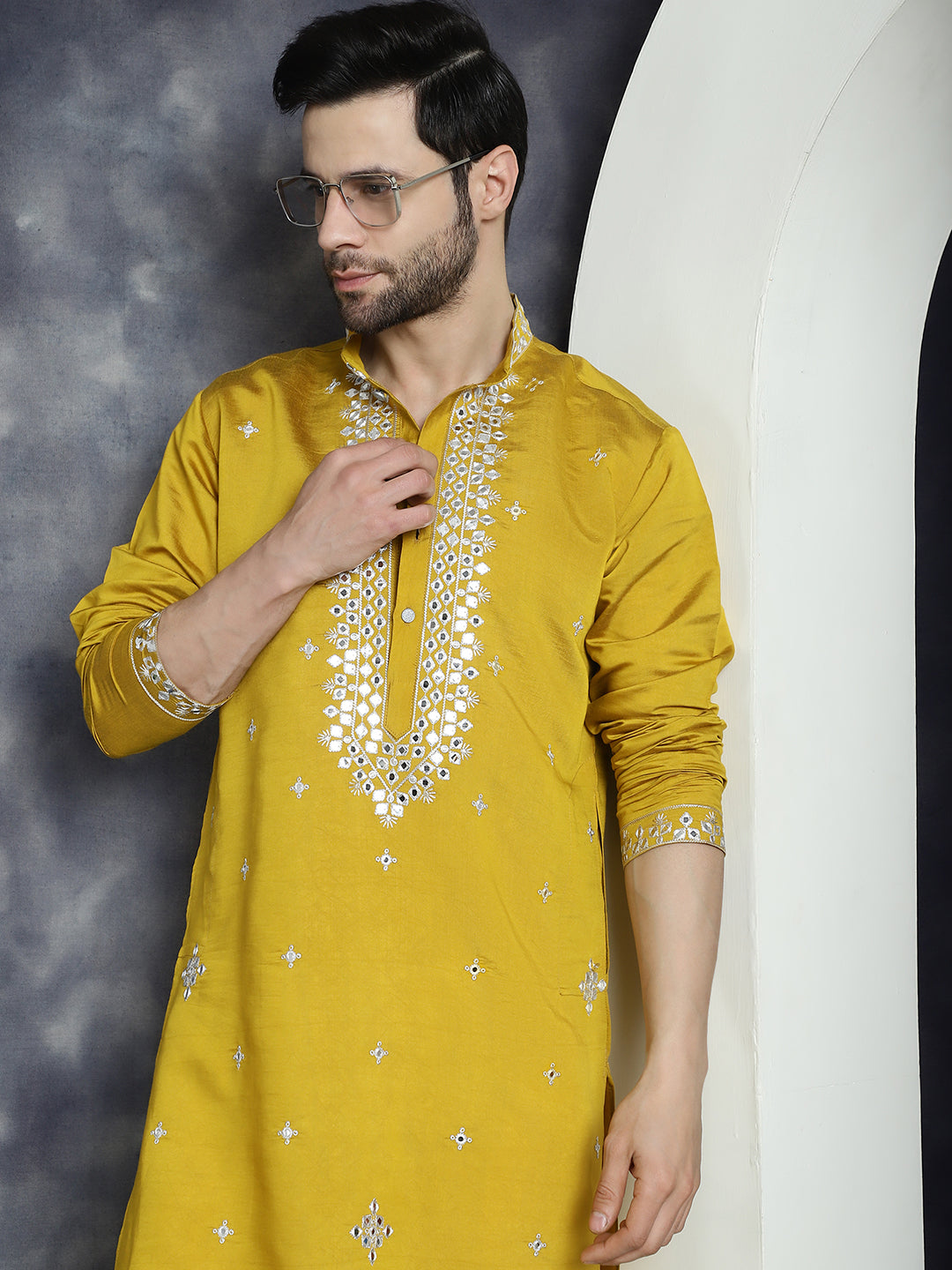 Jompers Men's Embroidered Kurta - Mustard - Distacart