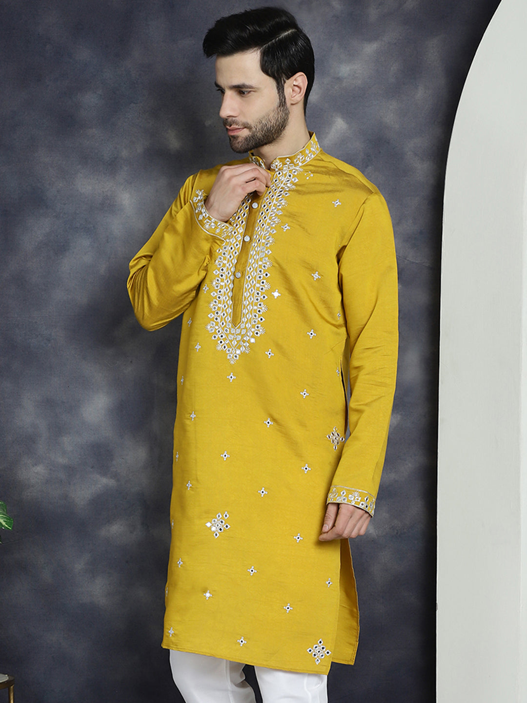 Jompers Men's Embroidered Kurta - Mustard - Distacart