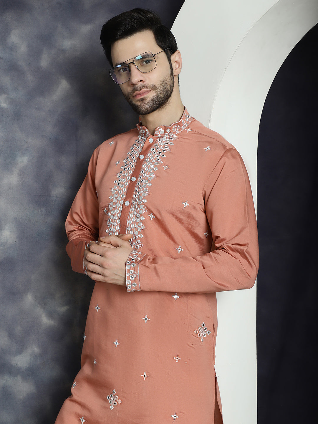 Jompers Men's Embroidered Kurta - Peach - Distacart