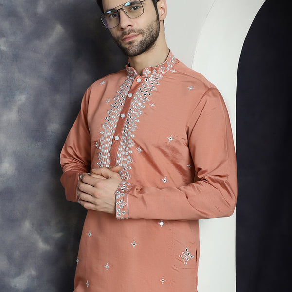 Jompers Men's Embroidered Kurta - Peach - Distacart