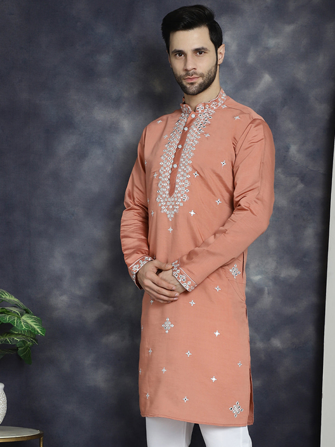 Jompers Men's Embroidered Kurta - Peach - Distacart