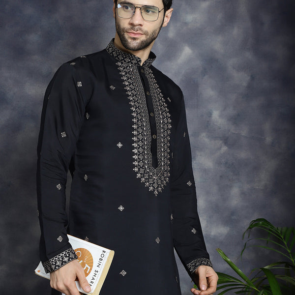 Jompers Men's Sequins Embroidered Kurta - Black - Distacart