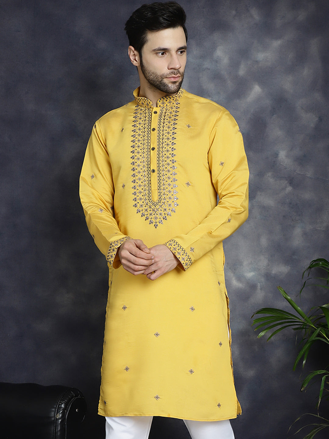 Jompers Men's Sequins Embroidered Kurta - Yellow - Distacart
