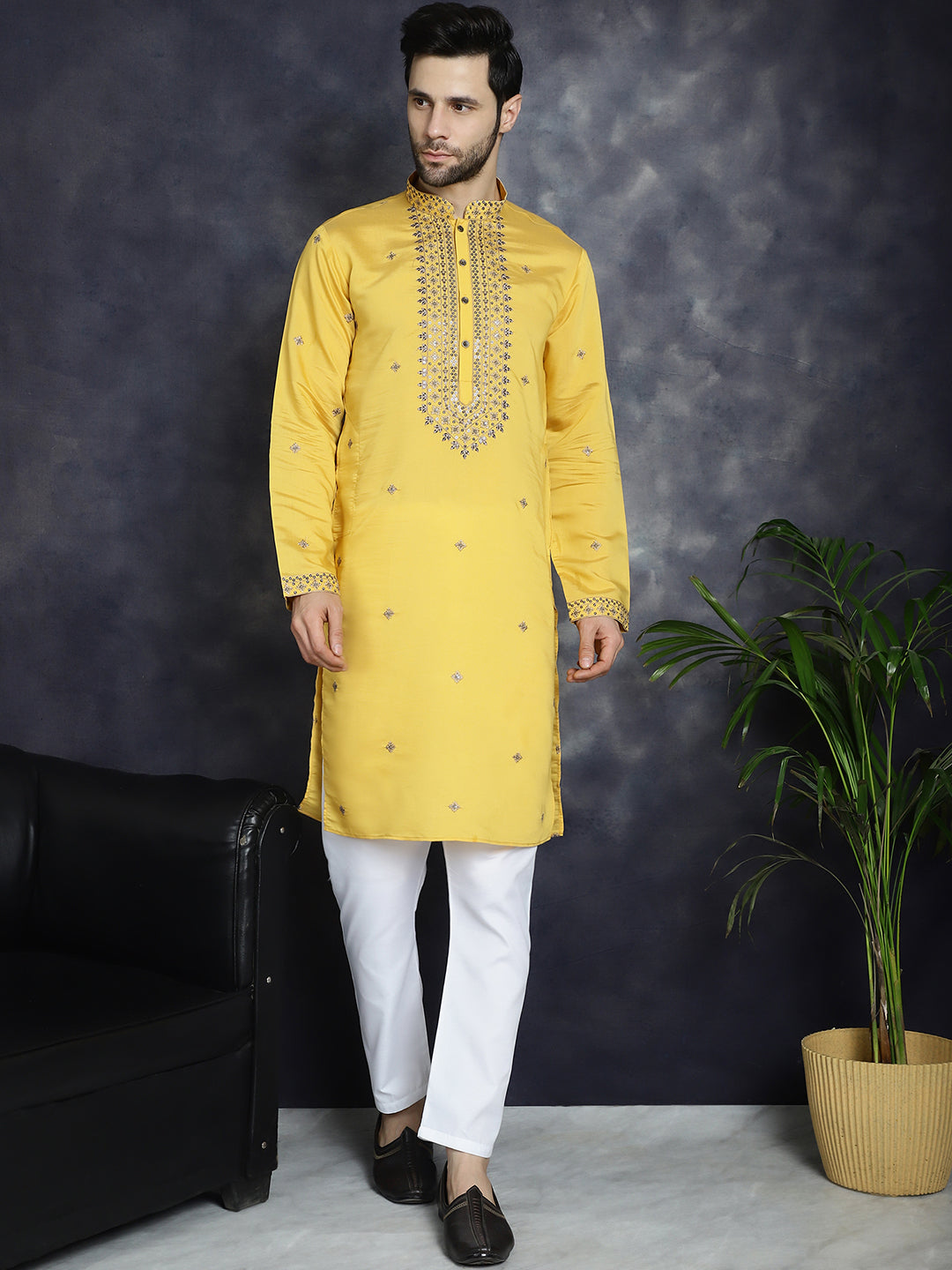 Jompers Men's Sequins Embroidered Kurta - Yellow - Distacart