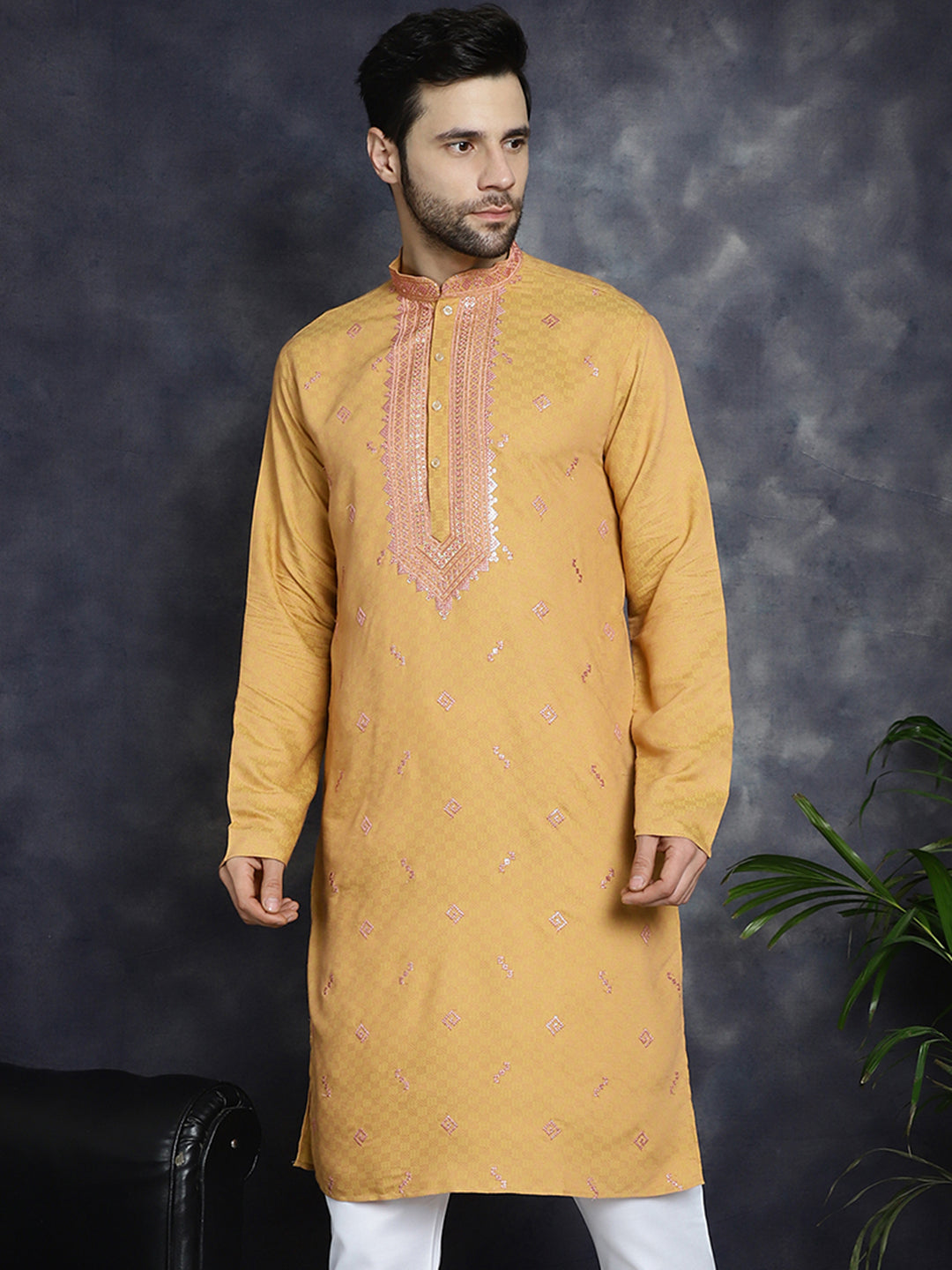 Jompers Men's Sequins Embroidered Kurta - Orange - Distacart