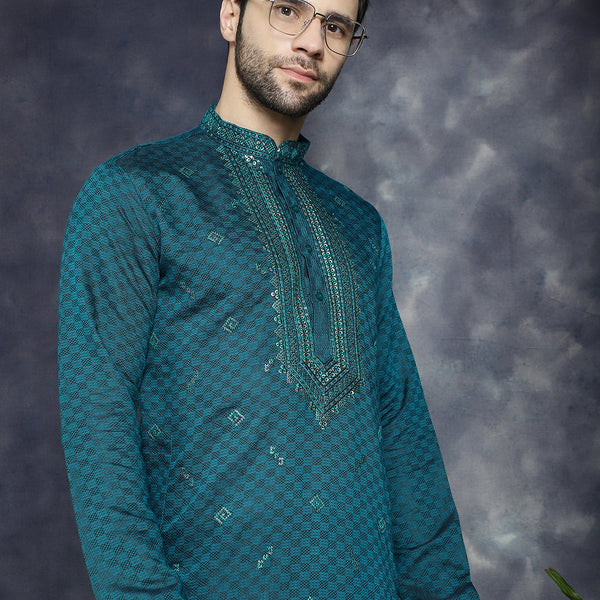 Jompers Men's Sequins Embroidered Kurta - Teal - Distacart