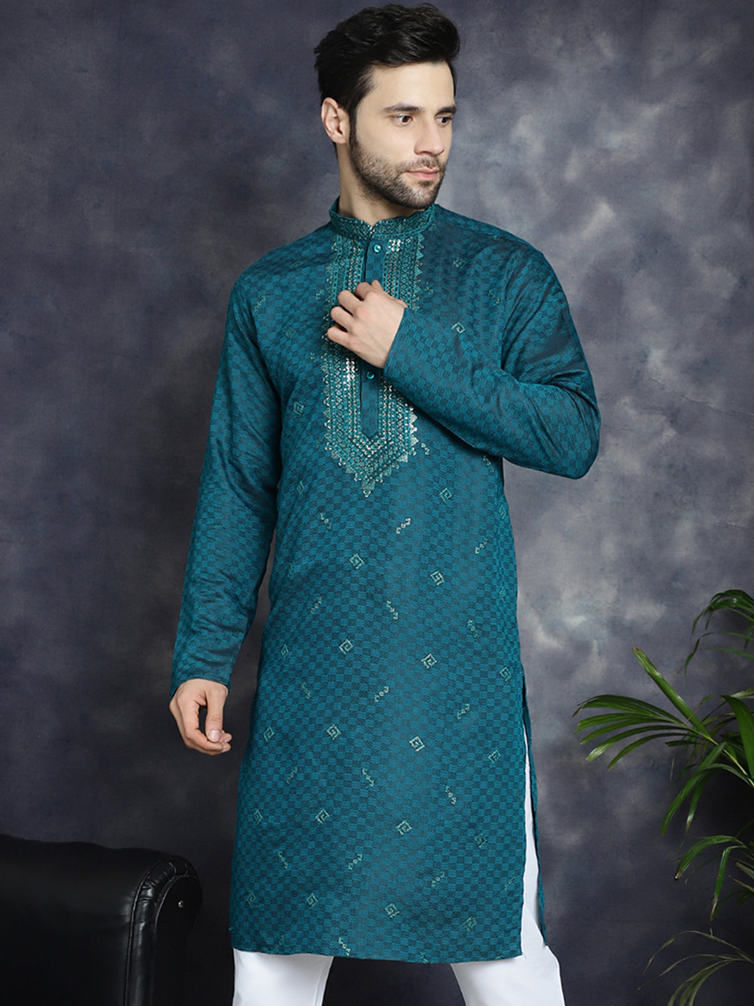 Jompers Men's Sequins Embroidered Kurta - Teal - Distacart