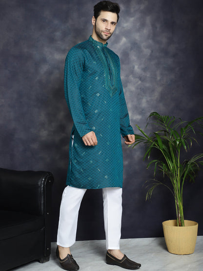 Jompers Men's Sequins Embroidered Kurta - Teal - Distacart