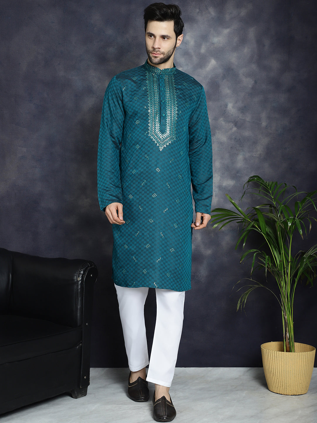 Jompers Men's Sequins Embroidered Kurta - Teal - Distacart
