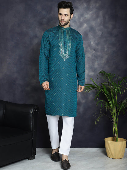 Jompers Men's Sequins Embroidered Kurta - Teal - Distacart