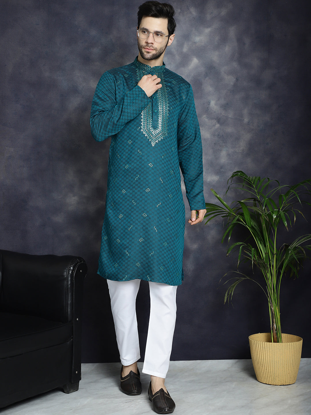 Jompers Men's Sequins Embroidered Kurta - Teal - Distacart