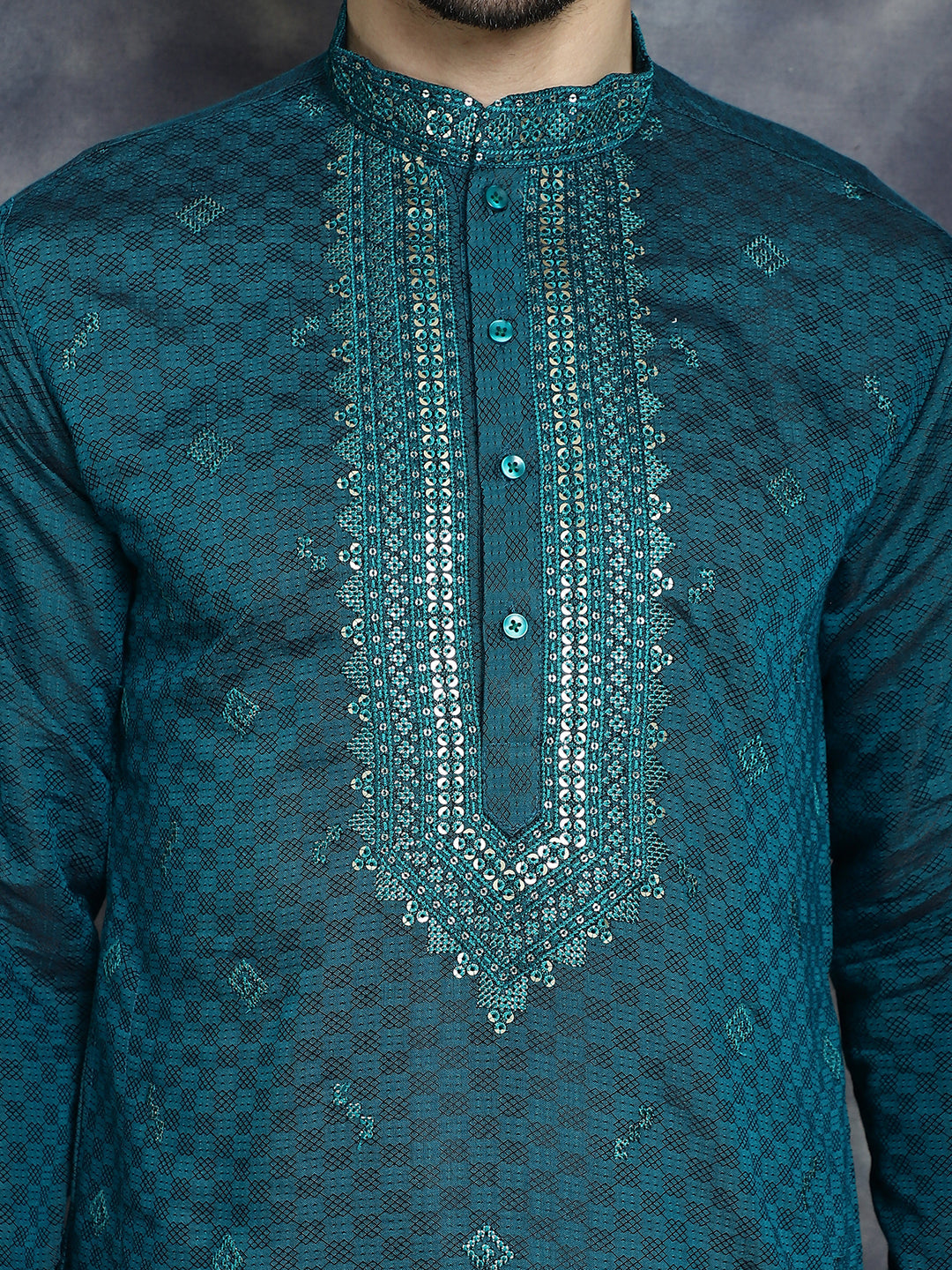 Jompers Men's Sequins Embroidered Kurta - Teal - Distacart