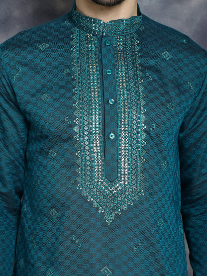 Jompers Men's Sequins Embroidered Kurta - Teal - Distacart