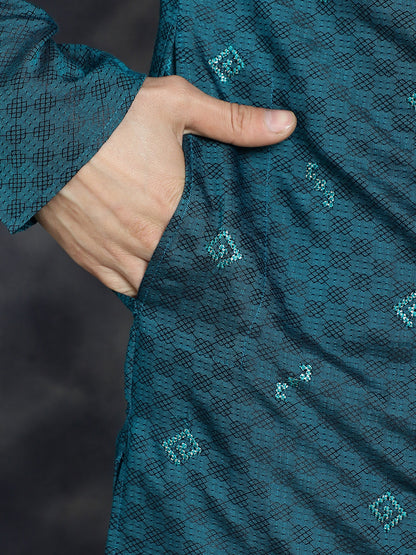 Jompers Men's Sequins Embroidered Kurta - Teal - Distacart