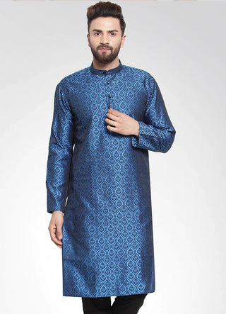 Jompers Men's Royal-Blue Colored & Black Self Design Kurta Only - Distacart