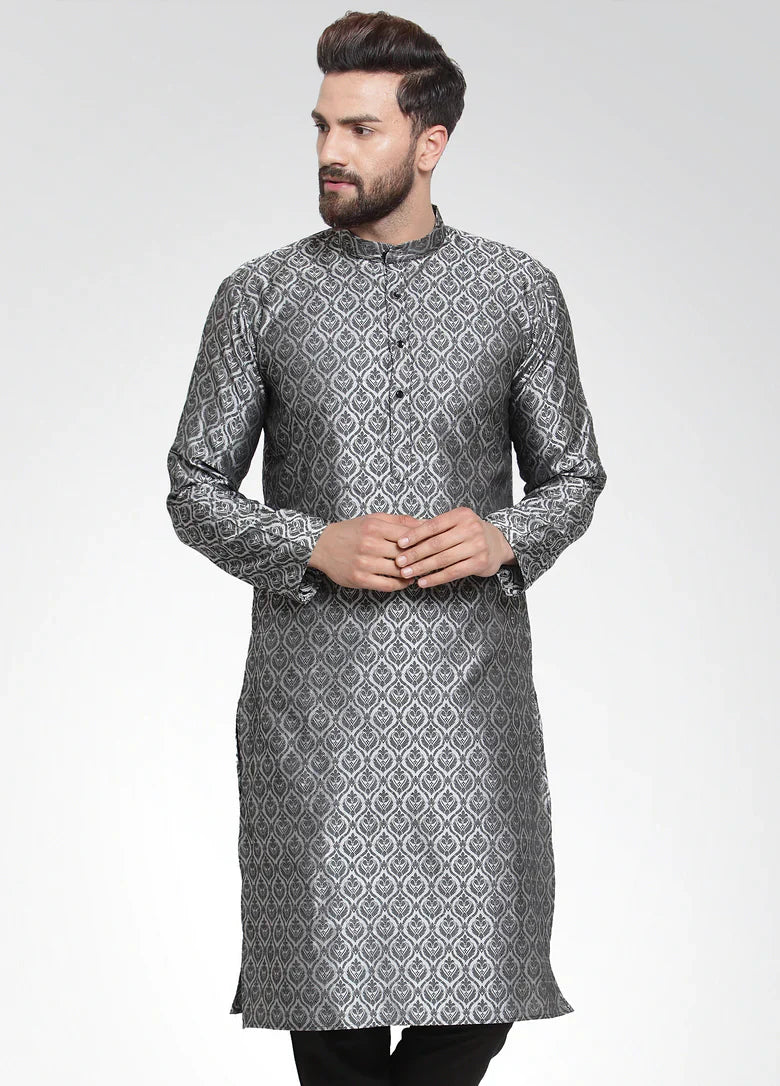 Jompers Men's Silver-Colored & Black Self Design Kurta Only - Distacart