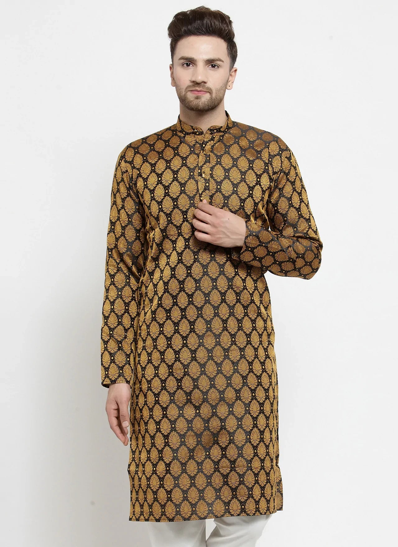 Jompers Men's Black-Colored & Golden Self Design Kurta Only - Distacart