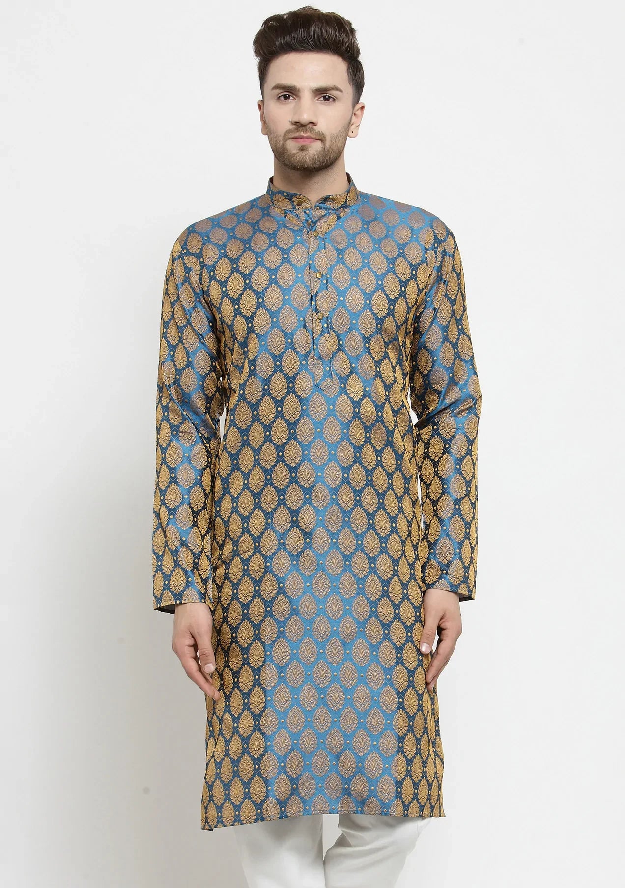 Jompers Men's Blue-Colored & Golden Self Design Kurta Only - Distacart