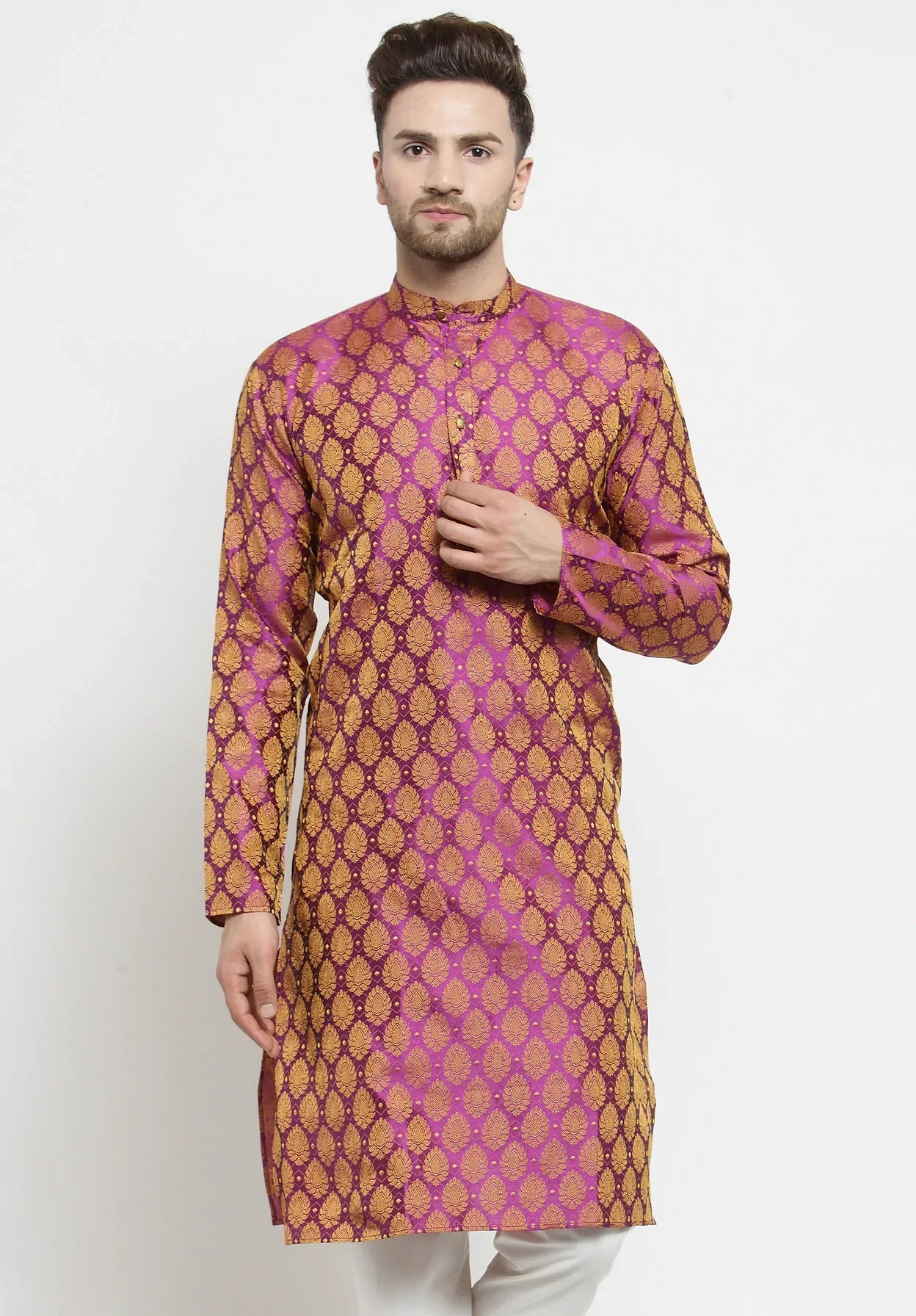 Jompers Men's Pink-Colored & Golden Self Design Kurta Only - Distacart