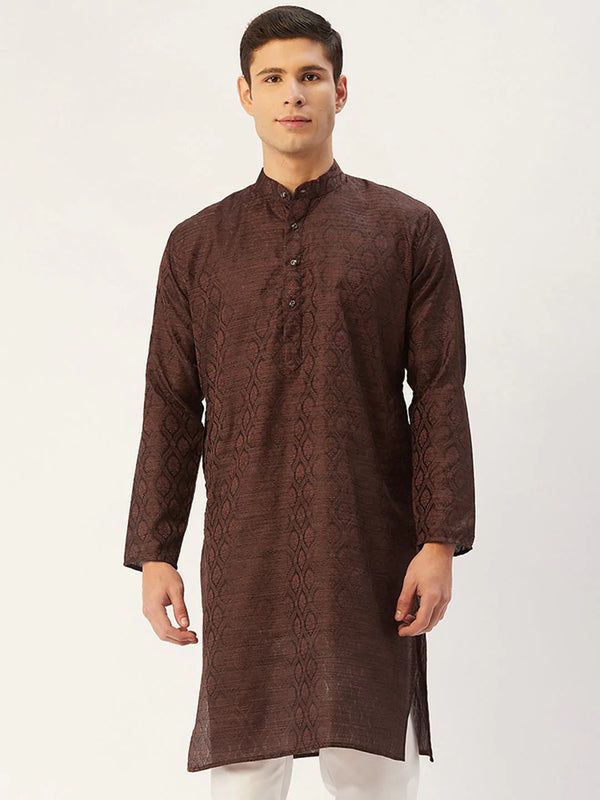 Jompers Men's Woven Design Jacquard Kurta - Coffee - Distacart
