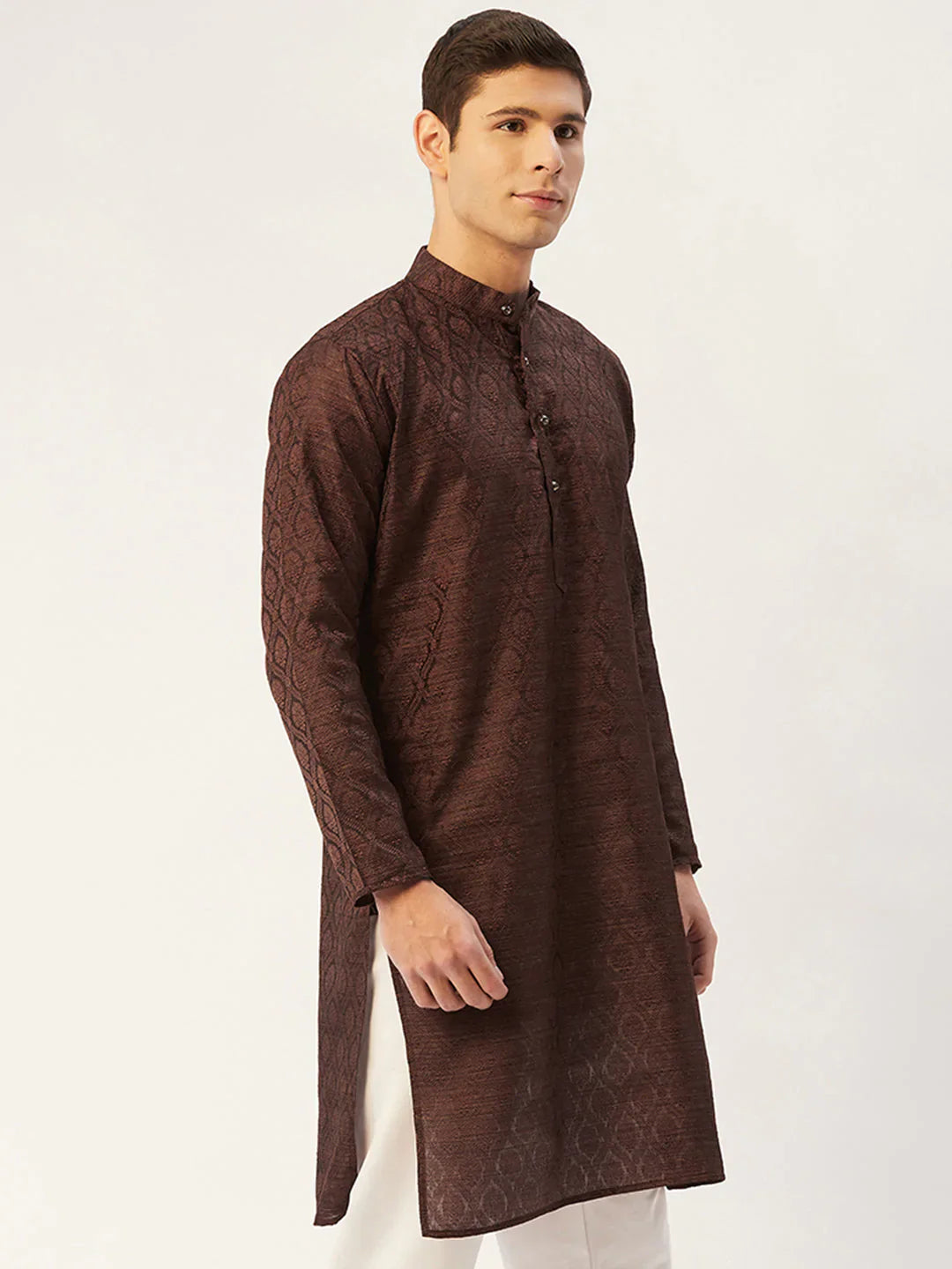 Jompers Men's Woven Design Jacquard Kurta - Coffee - Distacart