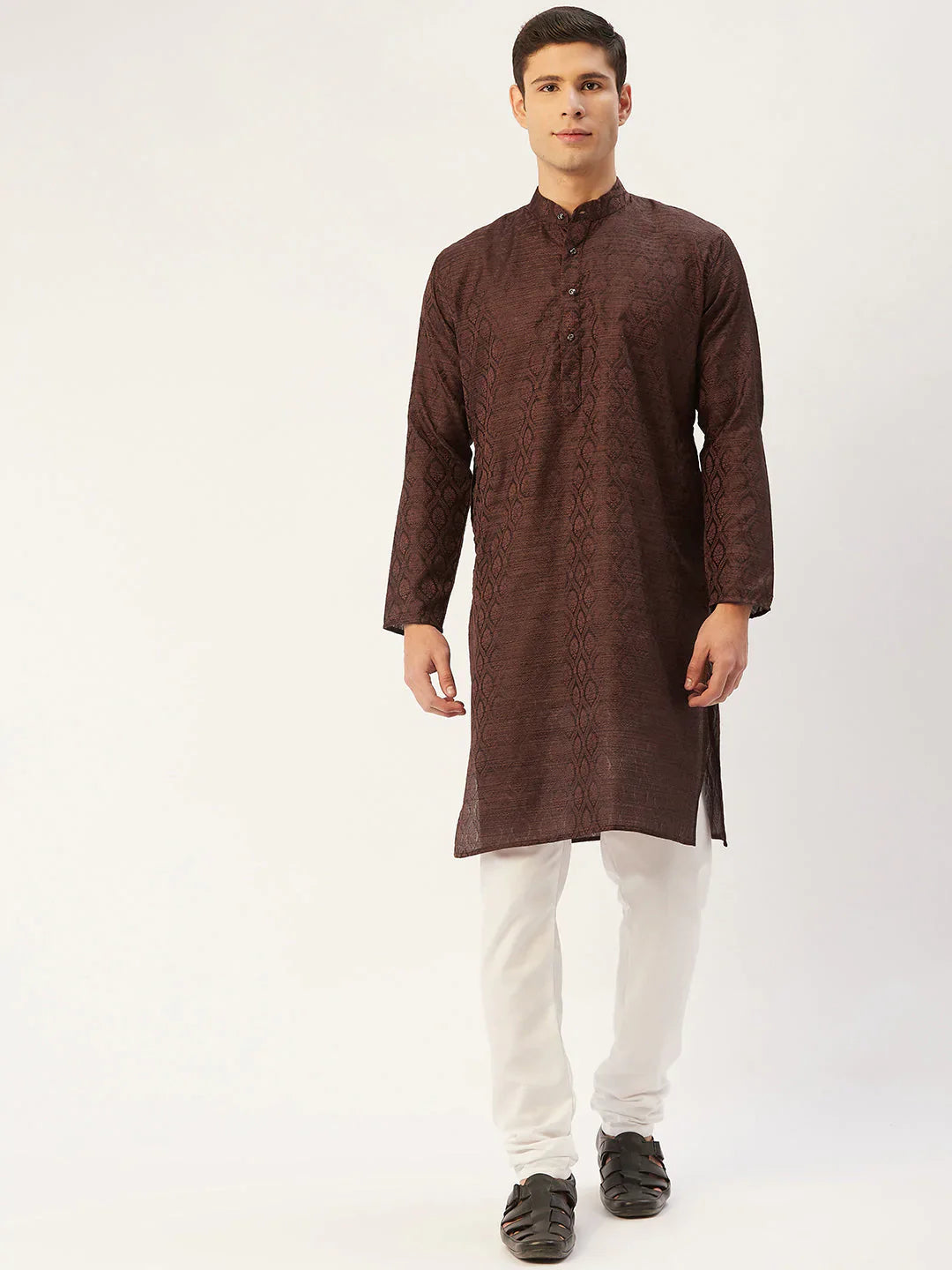 Jompers Men's Woven Design Jacquard Kurta - Coffee - Distacart