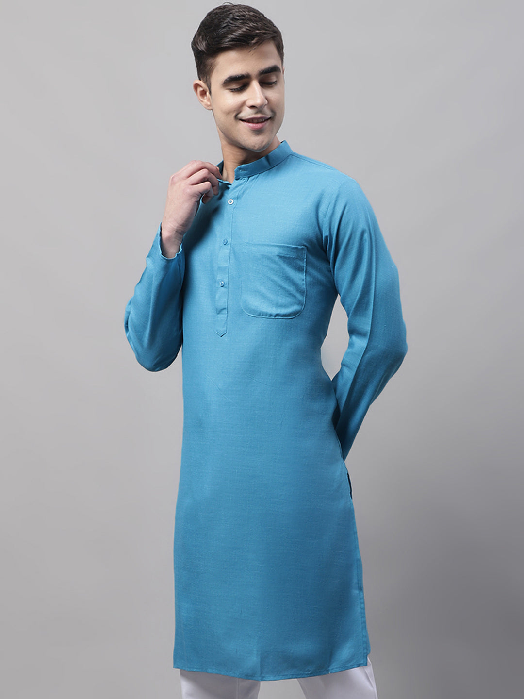 Jompers Men's Cotton Solid Kurta - Teal - Distacart