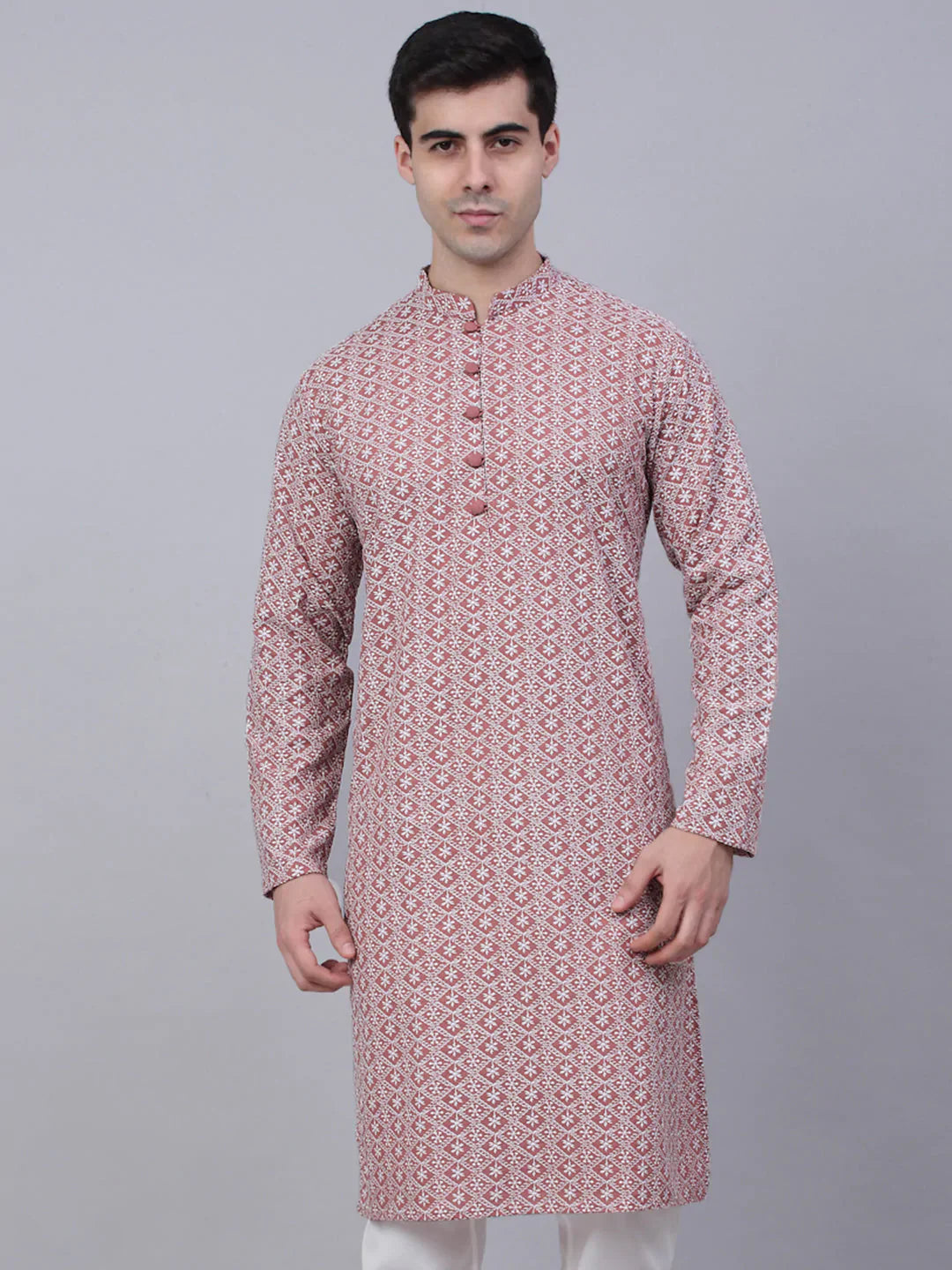 Jompers Men's Coral Red & White Embroidered Straight Kurta - Distacart