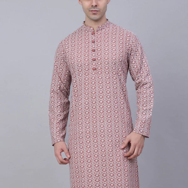 Jompers Men's Coral Red & White Embroidered Straight Kurta - Distacart