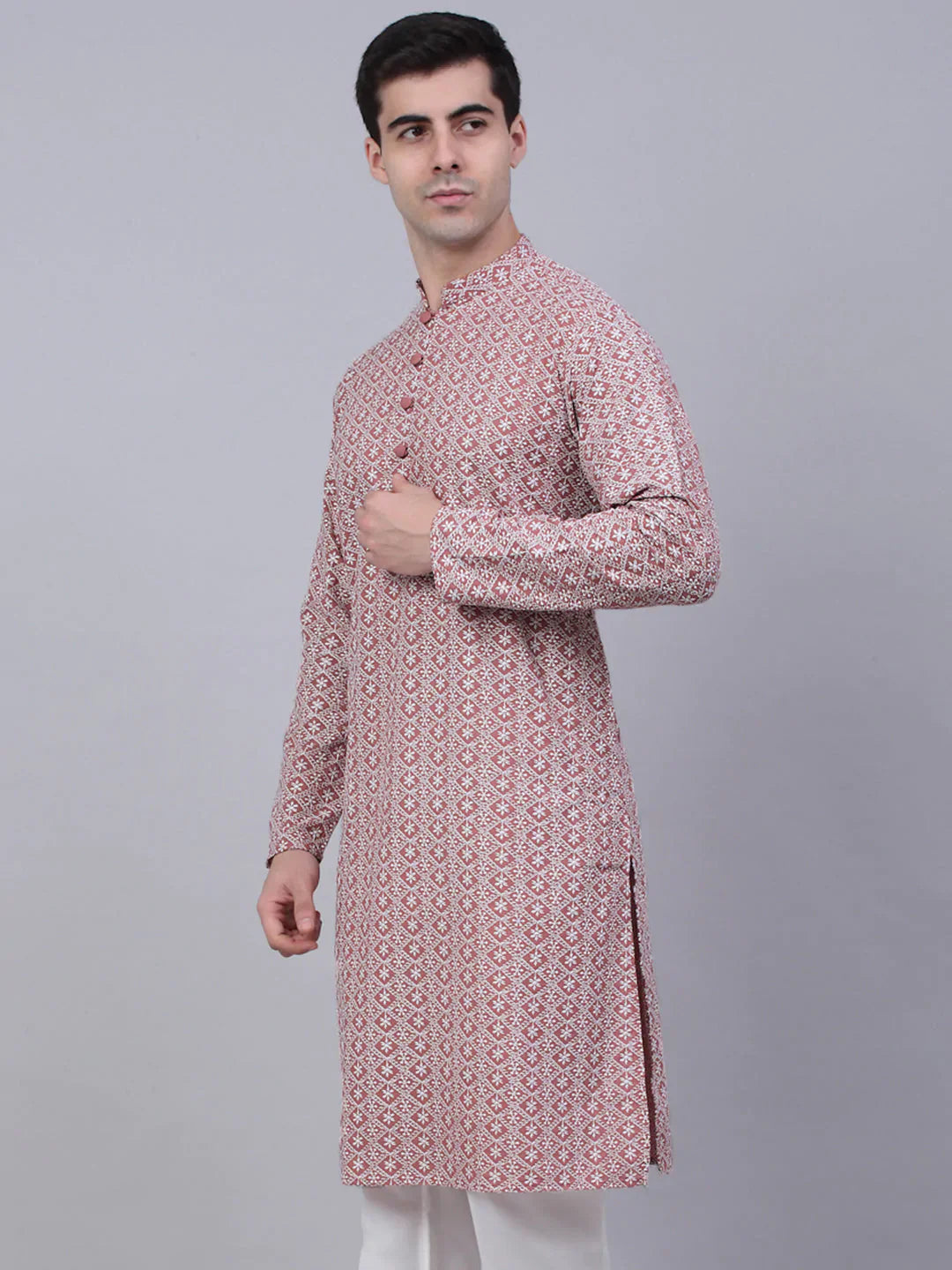 Jompers Men's Coral Red & White Embroidered Straight Kurta - Distacart