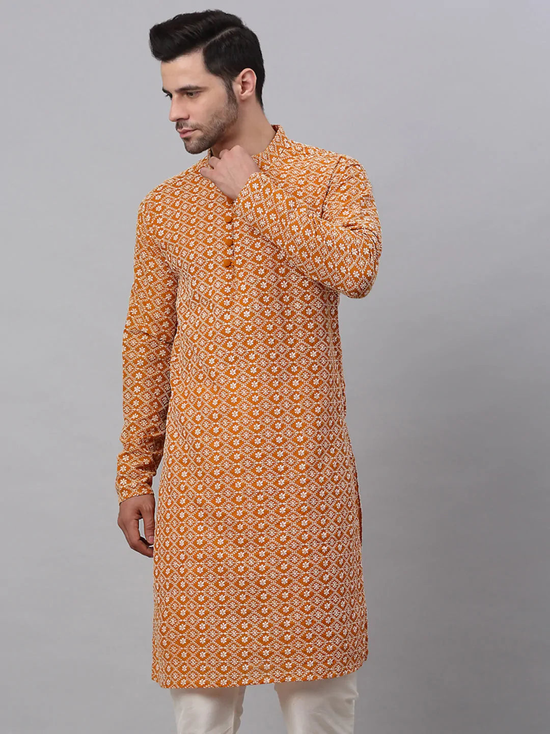 Jompers Men's Mustard & White Embroidered Straight Kurta - Distacart
