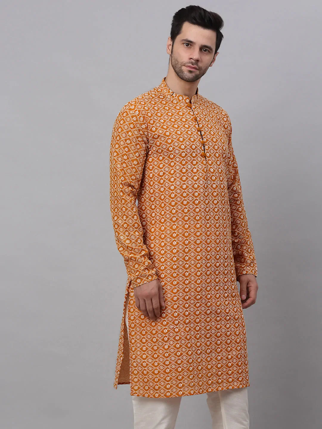 Jompers Men's Mustard & White Embroidered Straight Kurta - Distacart