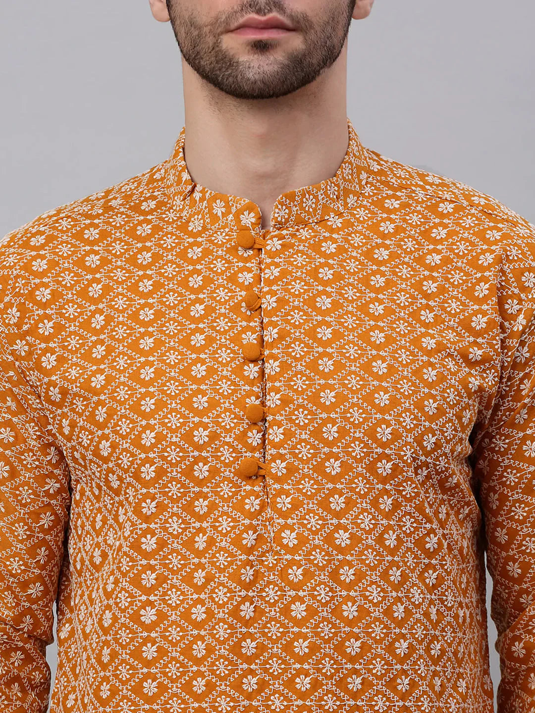 Jompers Men's Mustard & White Embroidered Straight Kurta - Distacart