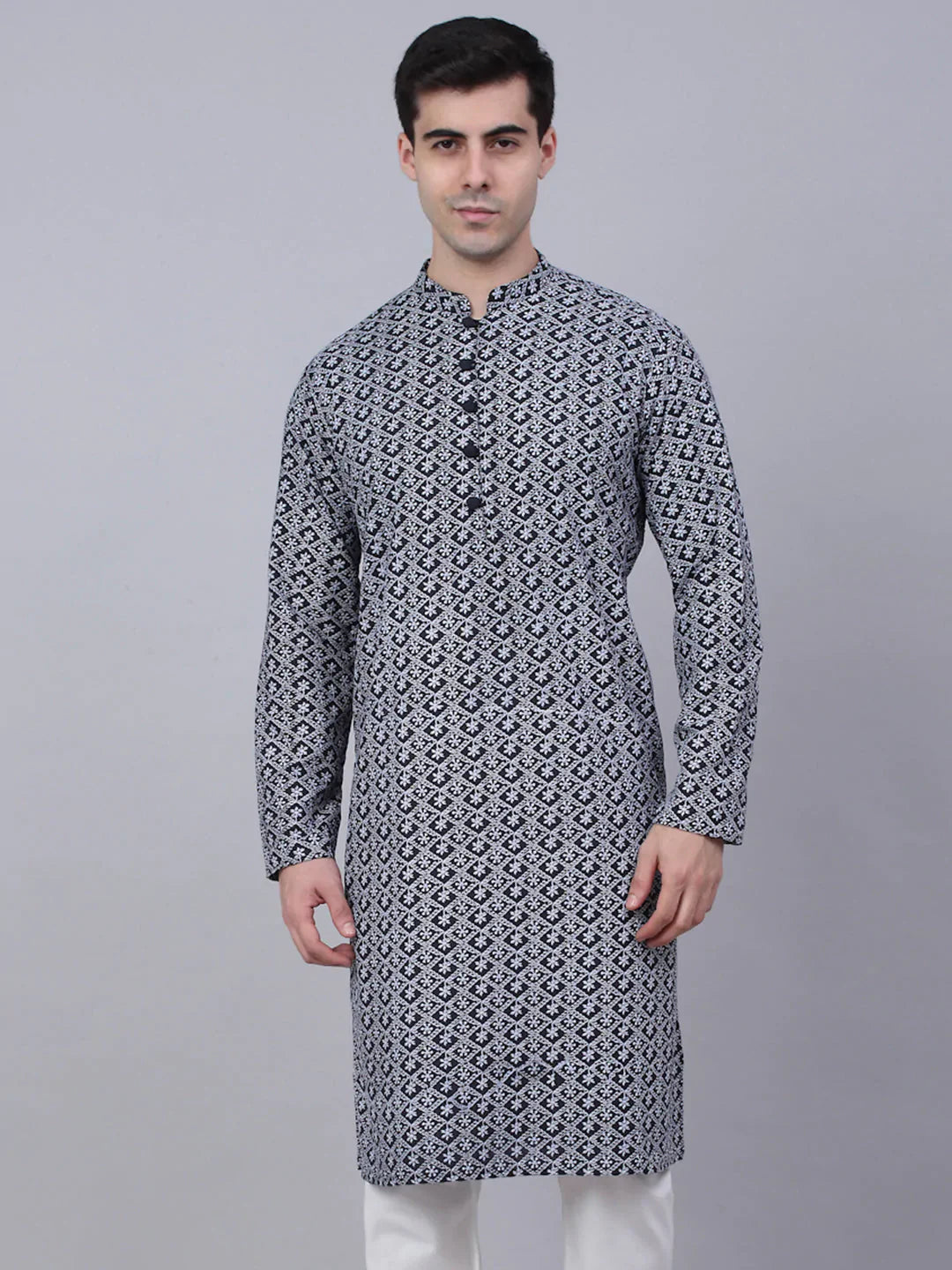 Jompers Men's Navy Blue & White embroidered Straight Kurta - Distacart