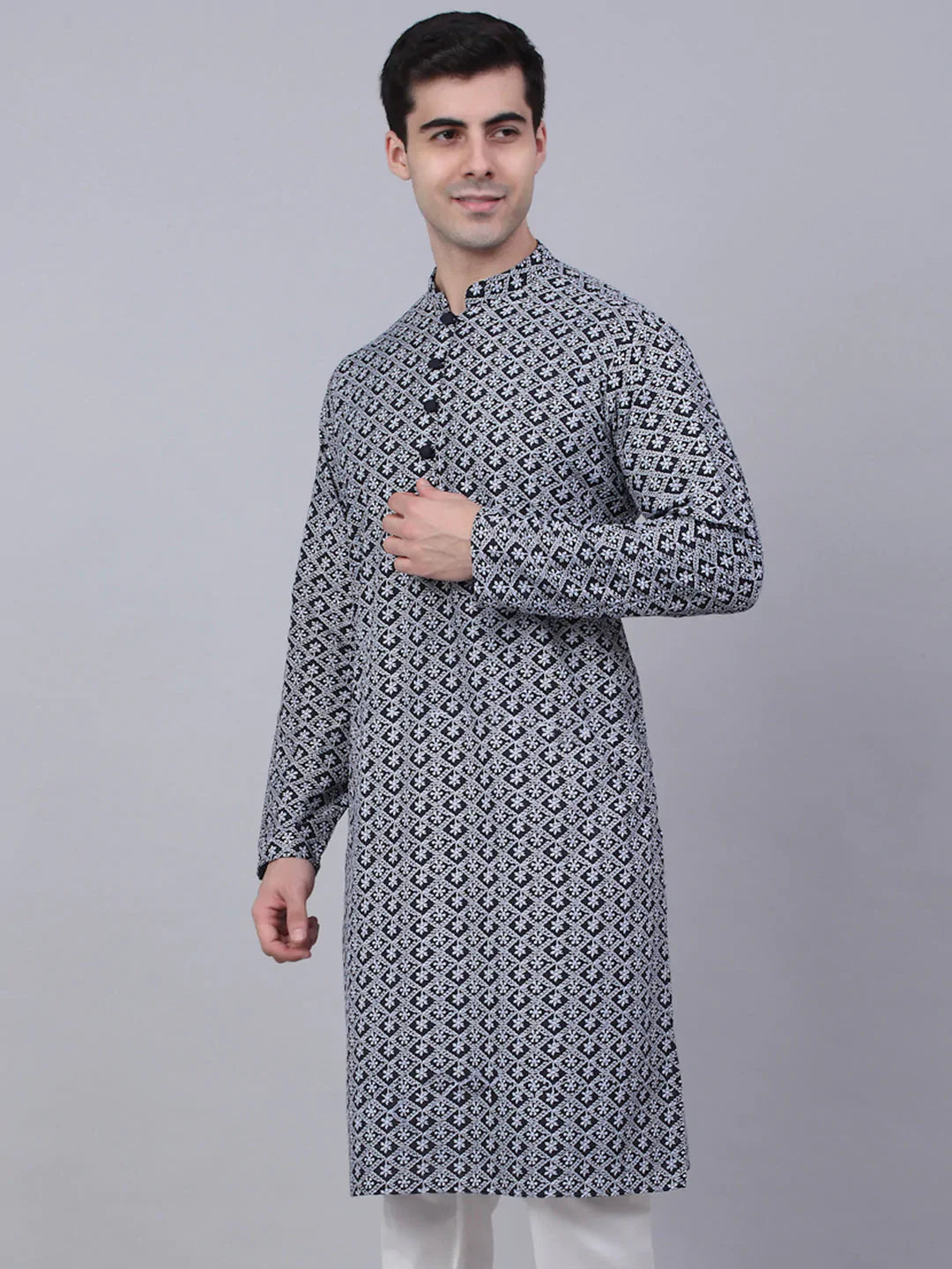 Jompers Men's Navy Blue & White embroidered Straight Kurta - Distacart