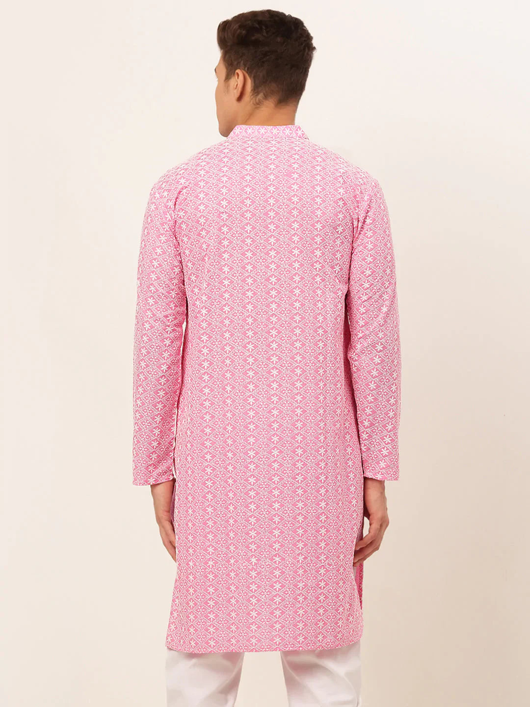 Jompers Men's Pink & White Embroidered Straight Kurta - Distacart