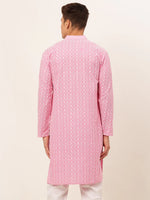 Thumbnail for Jompers Men's Pink & White Embroidered Straight Kurta - Distacart
