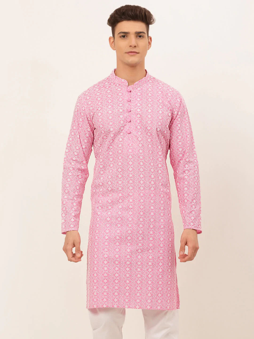 Jompers Men's Pink & White Embroidered Straight Kurta - Distacart