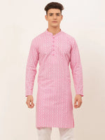 Thumbnail for Jompers Men's Pink & White Embroidered Straight Kurta - Distacart