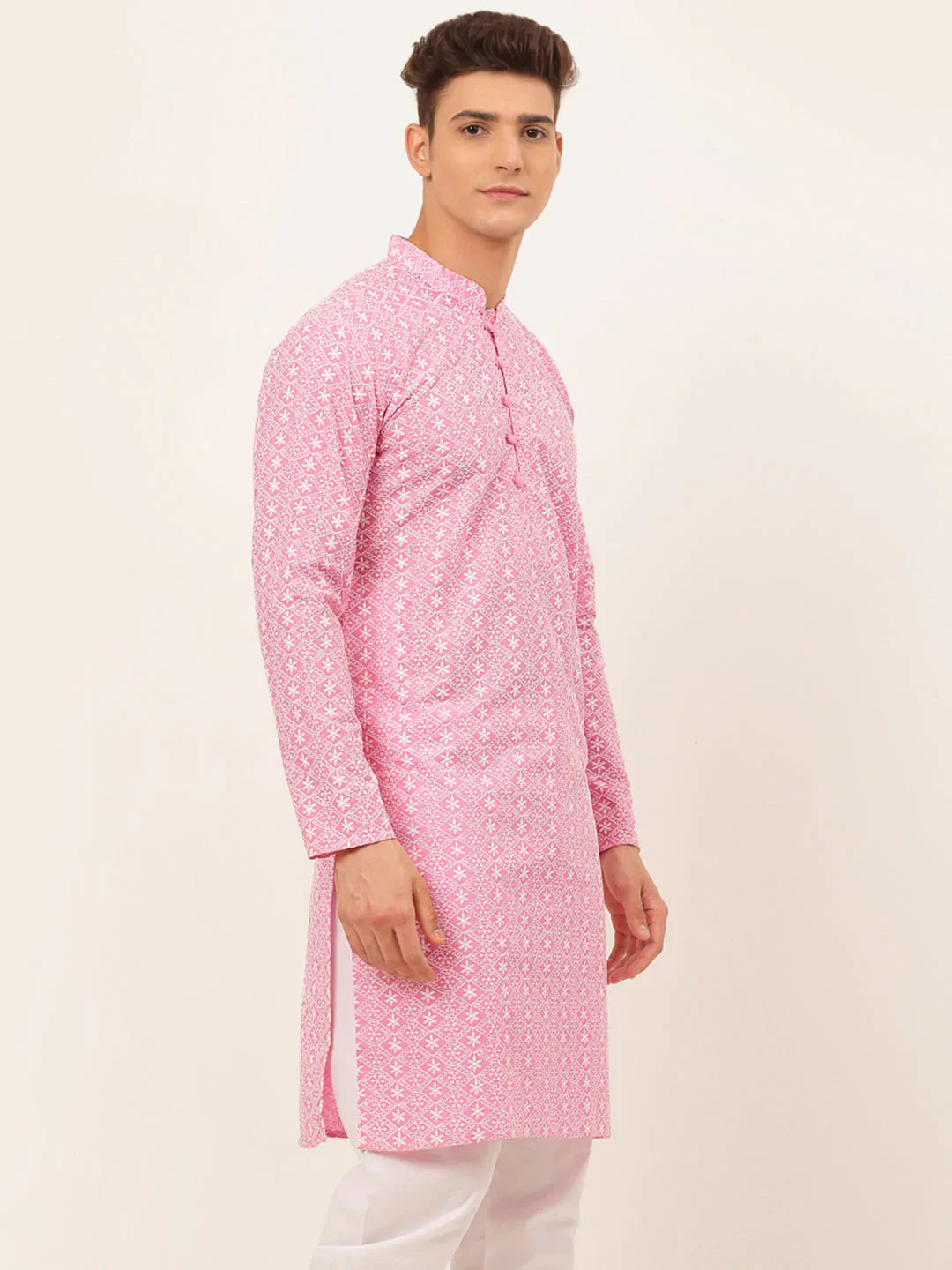 Jompers Men's Pink & White Embroidered Straight Kurta - Distacart