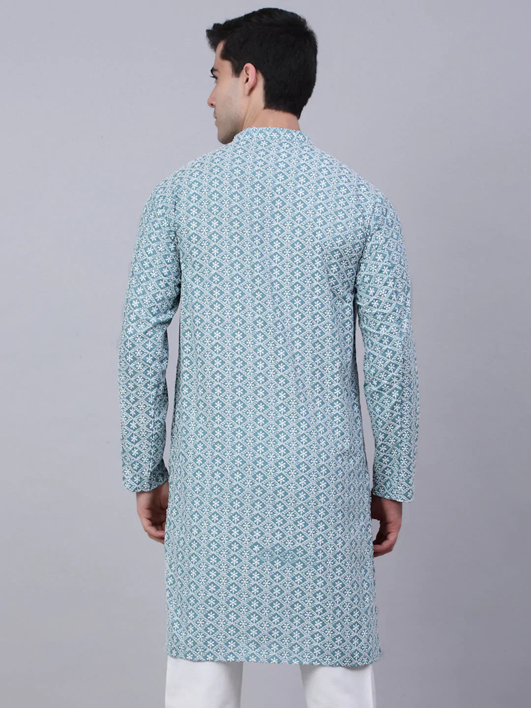 Jompers Men's Teal Blue & White embroidered Straight Kurta - Distacart