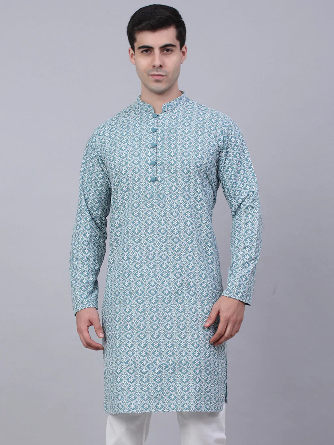 Jompers Men's Teal Blue & White embroidered Straight Kurta - Distacart