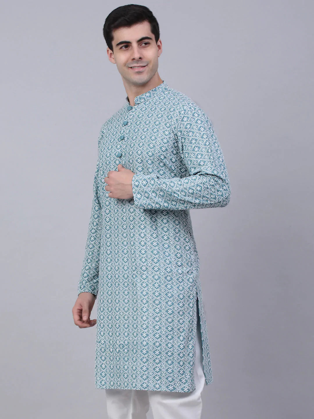 Jompers Men's Teal Blue & White embroidered Straight Kurta - Distacart