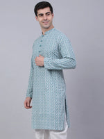 Thumbnail for Jompers Men's Teal Blue & White embroidered Straight Kurta - Distacart