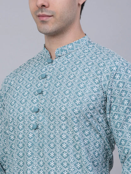 Jompers Men's Teal Blue & White embroidered Straight Kurta - Distacart
